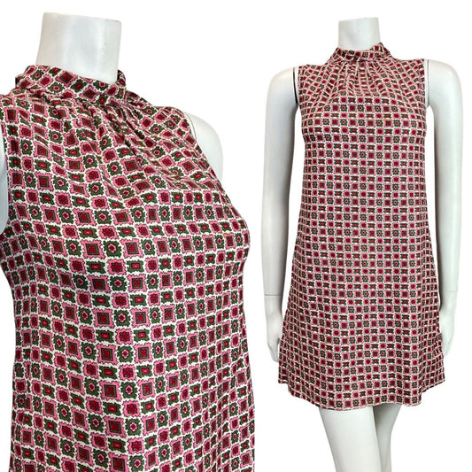 VINTAGE 60s 70s PINK GREEN RED GEOMETRIC MOD SLEEVELESS TENT SHIFT DRESS 10 12