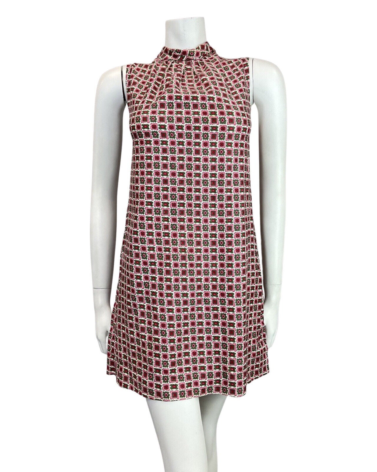 VINTAGE 60s 70s PINK GREEN RED GEOMETRIC MOD SLEEVELESS TENT SHIFT DRESS 10 12