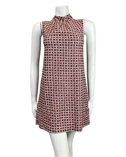 VINTAGE 60s 70s PINK GREEN RED GEOMETRIC MOD SLEEVELESS TENT SHIFT DRESS 10 12