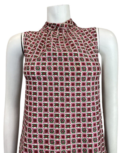VINTAGE 60s 70s PINK GREEN RED GEOMETRIC MOD SLEEVELESS TENT SHIFT DRESS 10 12