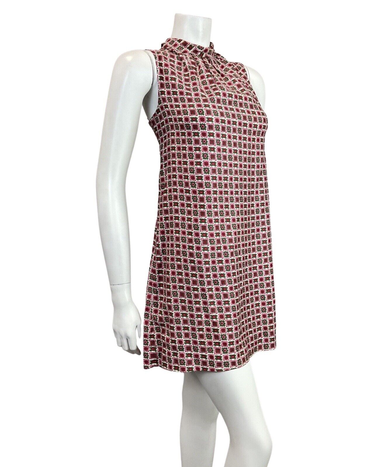 VINTAGE 60s 70s PINK GREEN RED GEOMETRIC MOD SLEEVELESS TENT SHIFT DRESS 10 12