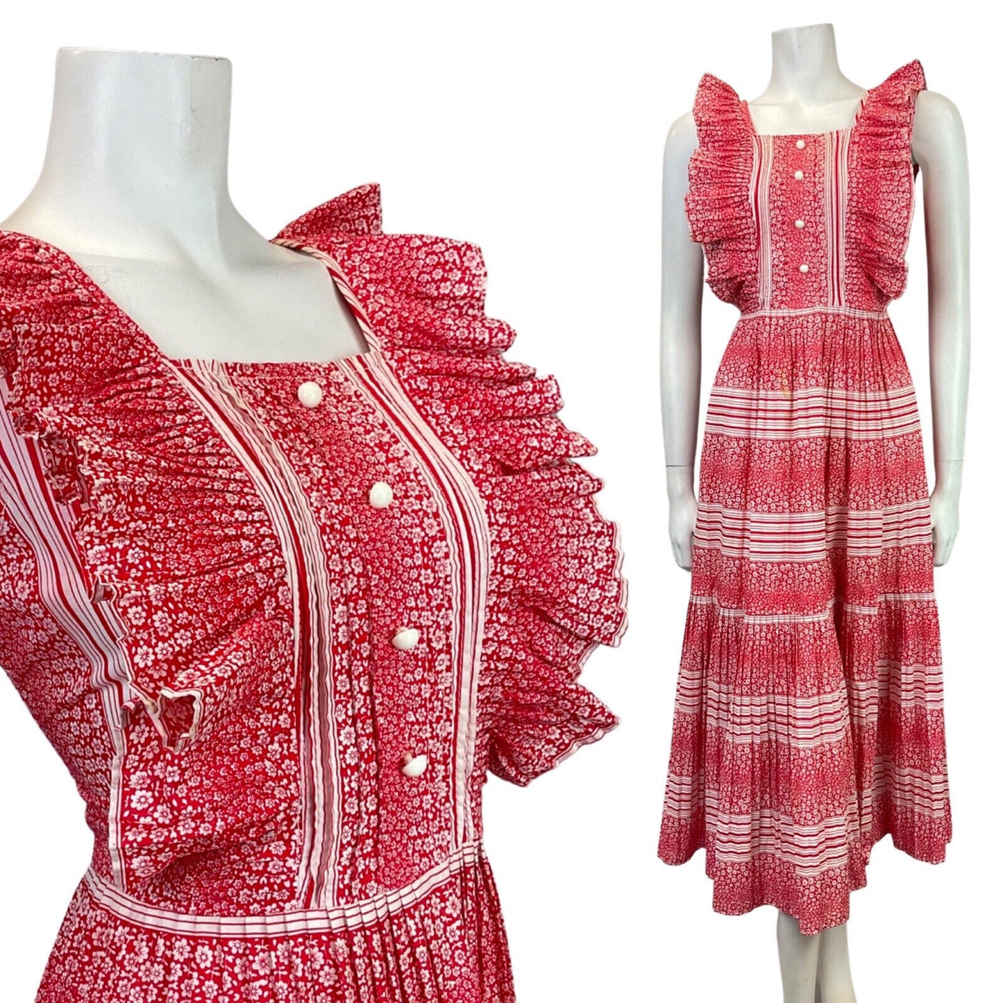 VTG 60s 70s RED WHITE DITSY FLOWER STRIPED RUFFLED PRAIRIE SUMMER DRESS 10 12