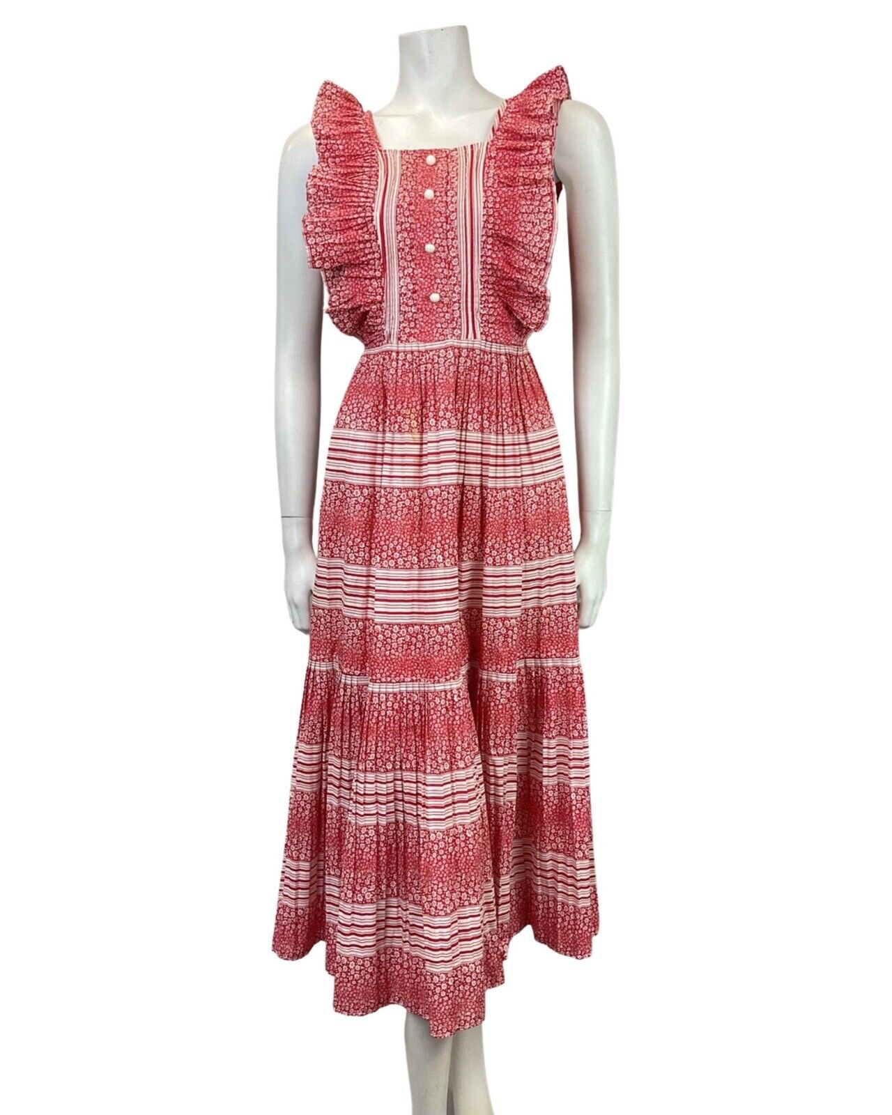 VTG 60s 70s RED WHITE DITSY FLOWER STRIPED RUFFLED PRAIRIE SUMMER DRESS 10 12