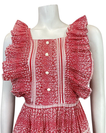VTG 60s 70s RED WHITE DITSY FLOWER STRIPED RUFFLED PRAIRIE SUMMER DRESS 10 12
