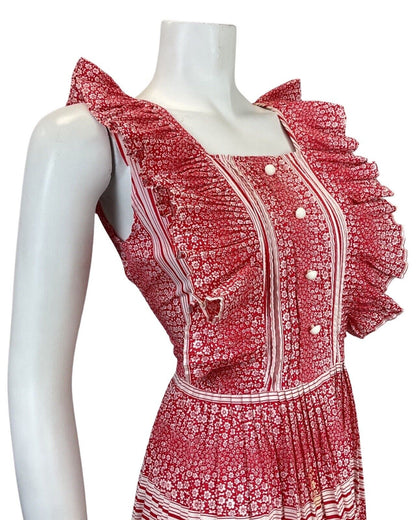 VTG 60s 70s RED WHITE DITSY FLOWER STRIPED RUFFLED PRAIRIE SUMMER DRESS 10 12