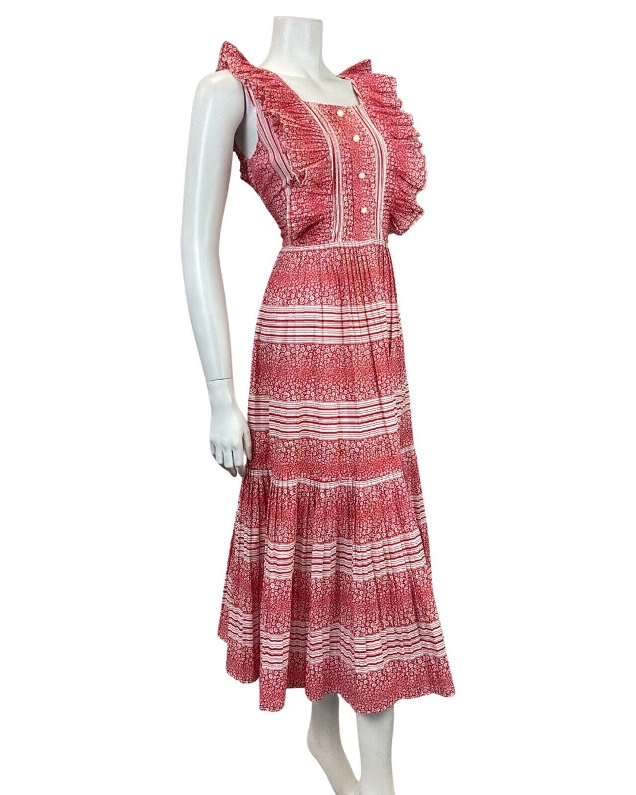 VTG 60s 70s RED WHITE DITSY FLOWER STRIPED RUFFLED PRAIRIE SUMMER DRESS 10 12