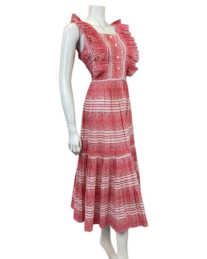 VTG 60s 70s RED WHITE DITSY FLOWER STRIPED RUFFLED PRAIRIE SUMMER DRESS 10 12