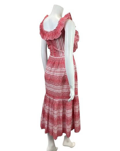 VTG 60s 70s RED WHITE DITSY FLOWER STRIPED RUFFLED PRAIRIE SUMMER DRESS 10 12