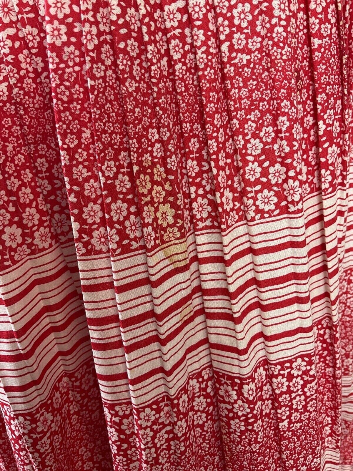 VTG 60s 70s RED WHITE DITSY FLOWER STRIPED RUFFLED PRAIRIE SUMMER DRESS 10 12