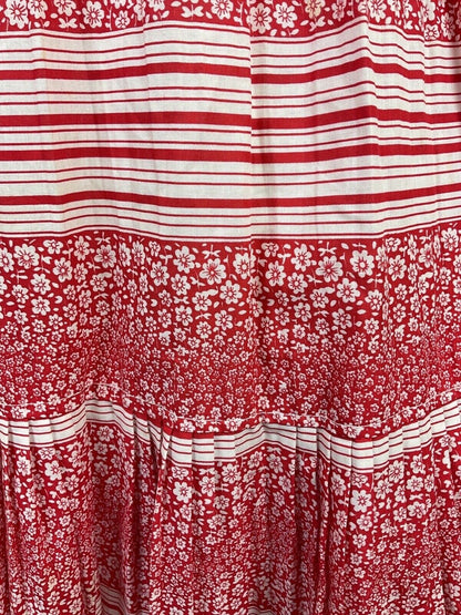 VTG 60s 70s RED WHITE DITSY FLOWER STRIPED RUFFLED PRAIRIE SUMMER DRESS 10 12