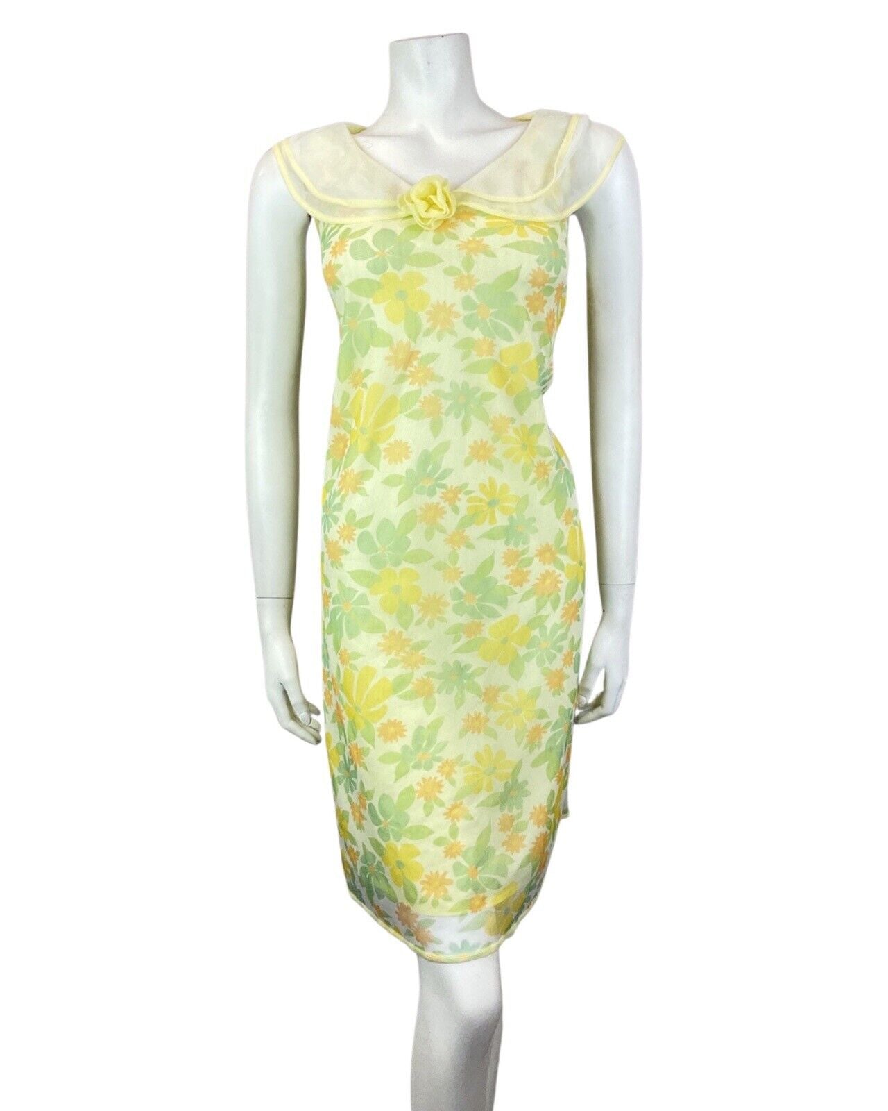 VTG 60s 70s YELLOW GREEN ORANGE FLORAL FLOATY SHEER A-LINE SLIP DRESS 12 14