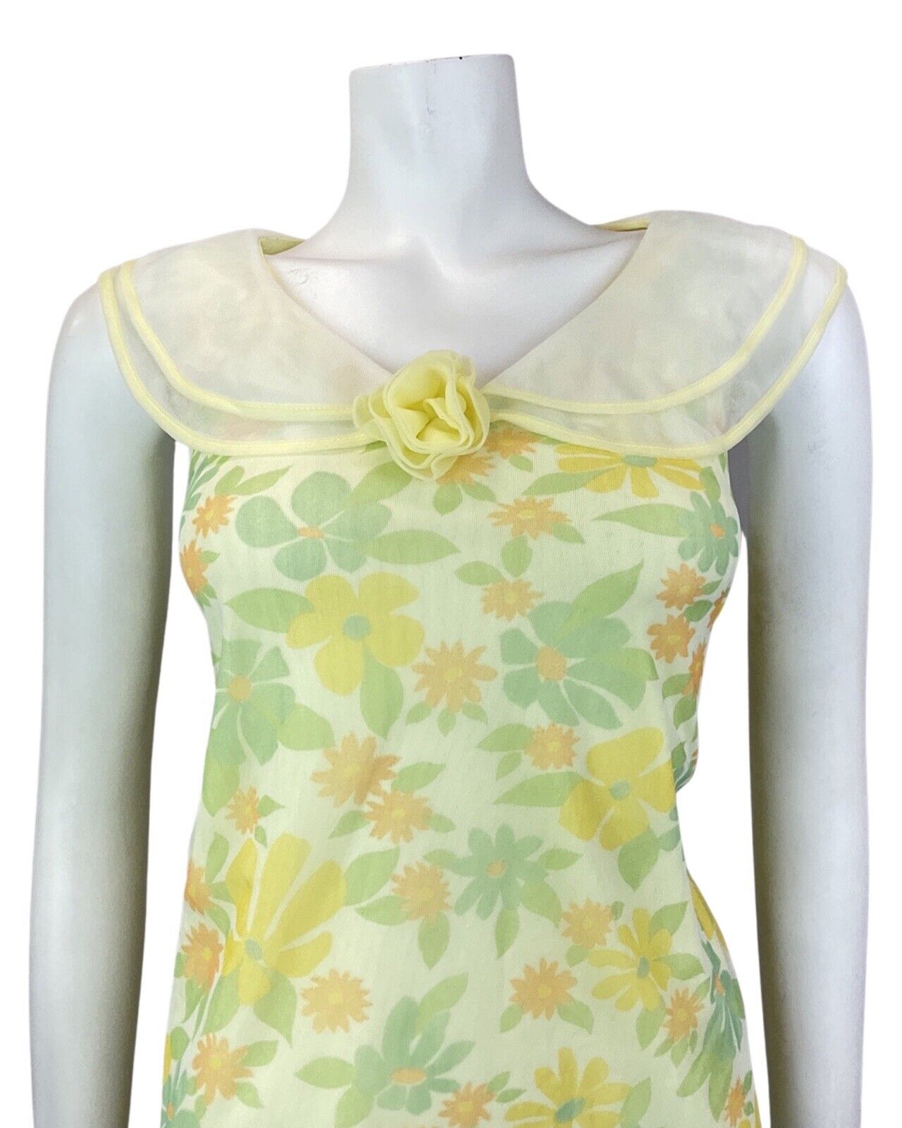 VTG 60s 70s YELLOW GREEN ORANGE FLORAL FLOATY SHEER A-LINE SLIP DRESS 12 14