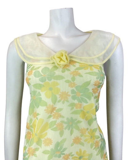 VTG 60s 70s YELLOW GREEN ORANGE FLORAL FLOATY SHEER A-LINE SLIP DRESS 12 14