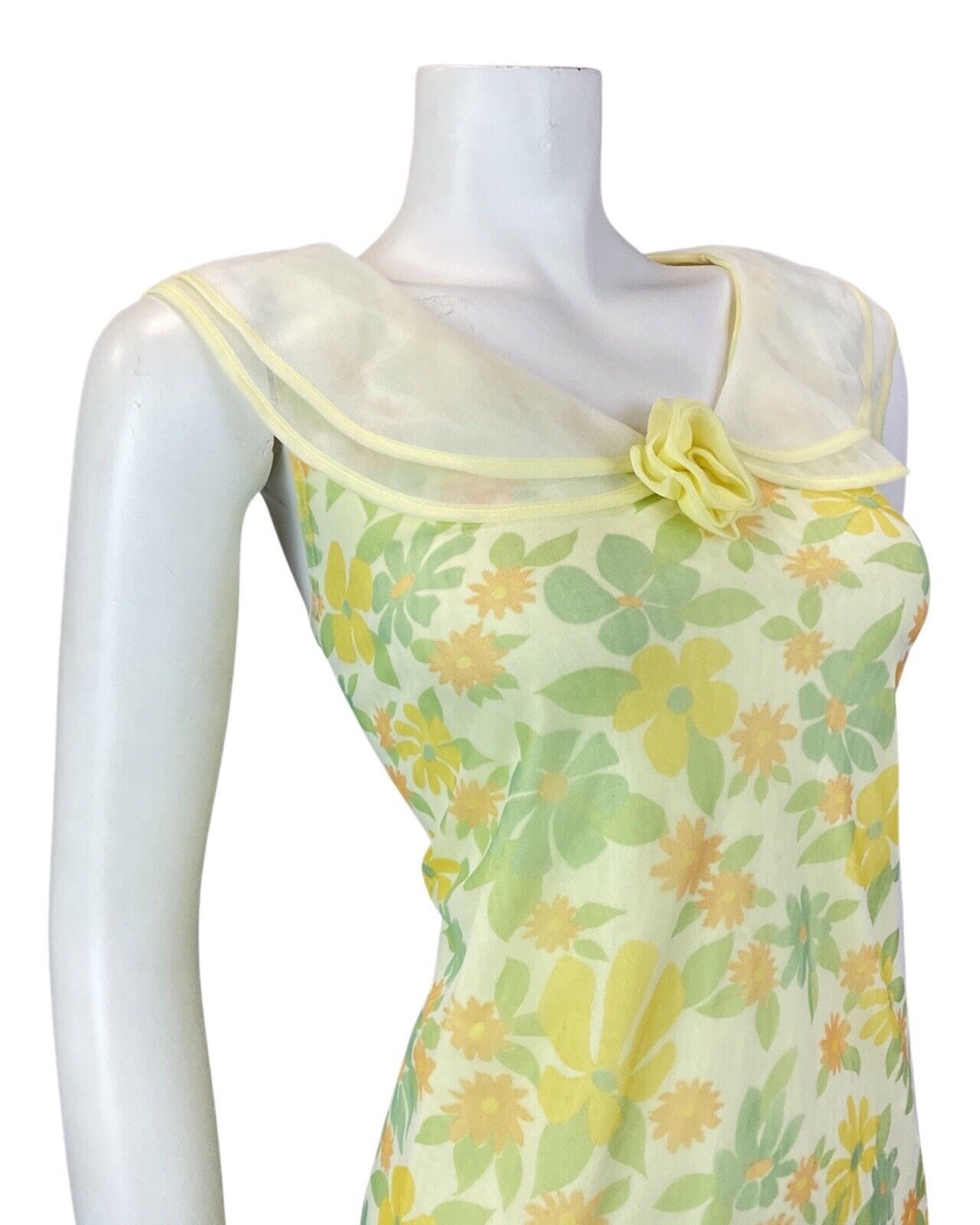 VTG 60s 70s YELLOW GREEN ORANGE FLORAL FLOATY SHEER A-LINE SLIP DRESS 12 14