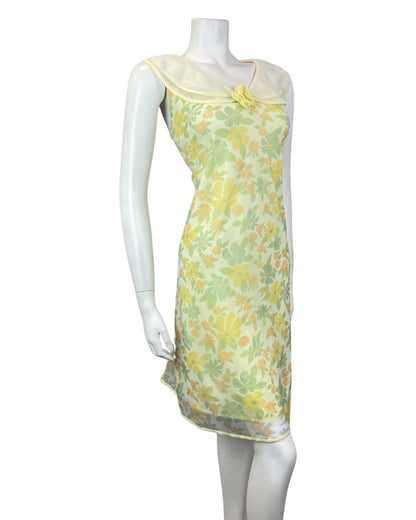 VTG 60s 70s YELLOW GREEN ORANGE FLORAL FLOATY SHEER A-LINE SLIP DRESS 12 14