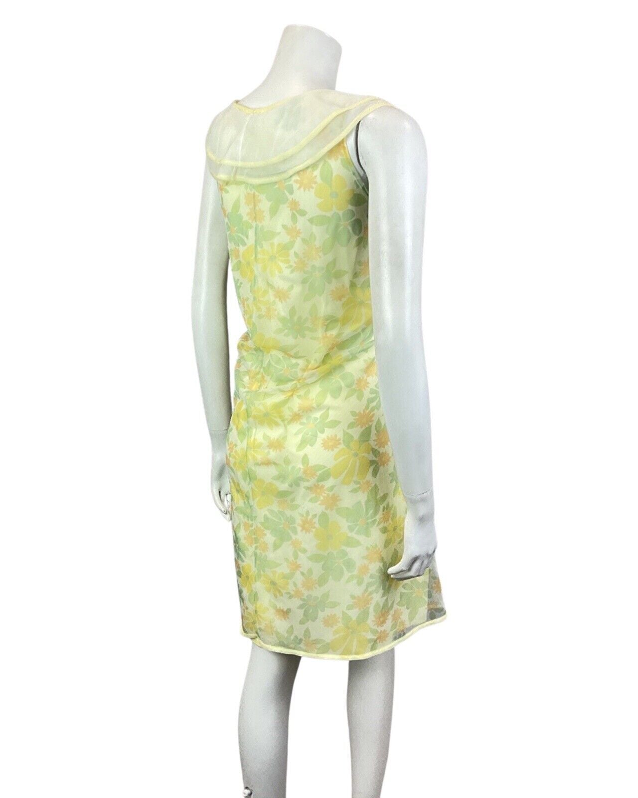 VTG 60s 70s YELLOW GREEN ORANGE FLORAL FLOATY SHEER A-LINE SLIP DRESS 12 14