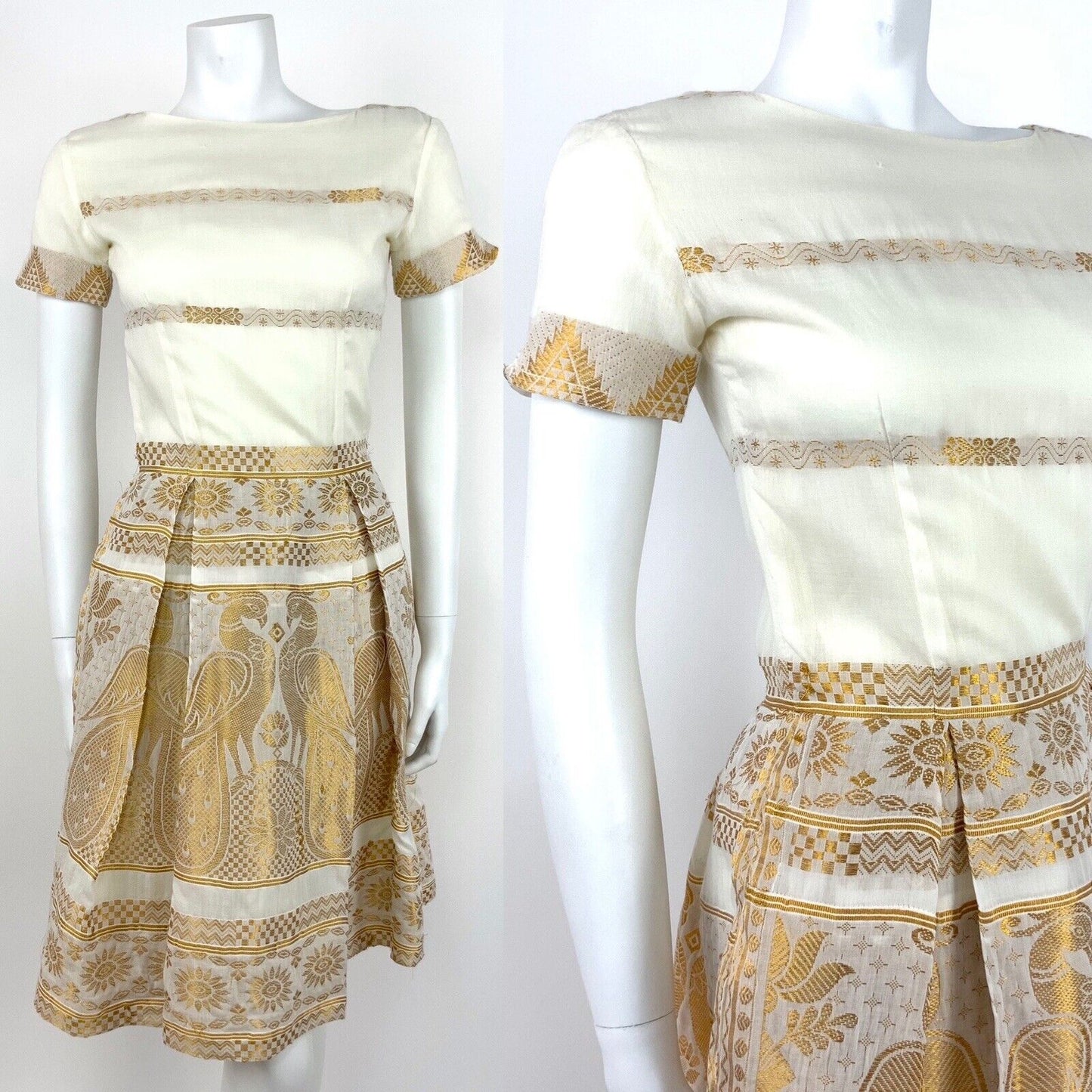 VINTAGE 70s CREAM GOLD INDIAN PEACOCK SUN SUMMER DRESS 8 10