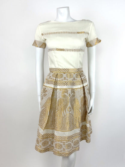 VINTAGE 70s CREAM GOLD INDIAN PEACOCK SUN SUMMER DRESS 8 10
