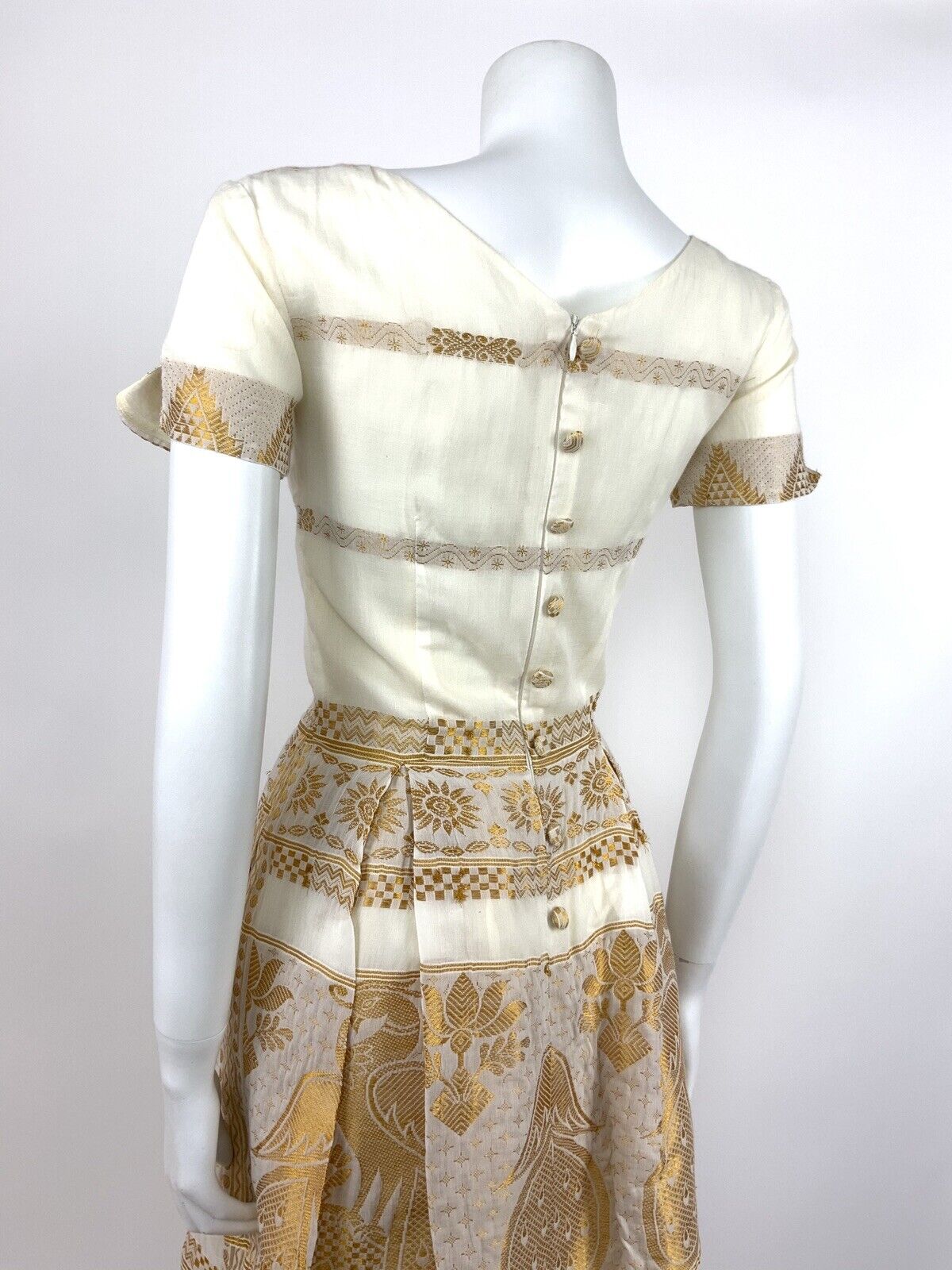 VINTAGE 70s CREAM GOLD INDIAN PEACOCK SUN SUMMER DRESS 8 10