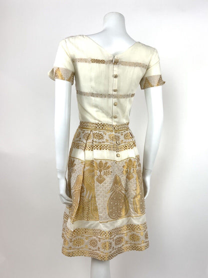 VINTAGE 70s CREAM GOLD INDIAN PEACOCK SUN SUMMER DRESS 8 10