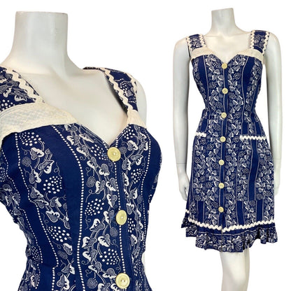VINTAGE 70s BLUE WHITE VINE LEAF DOTTY RICRAC BOHO FOLK PRAIRIE APRON DRESS 12