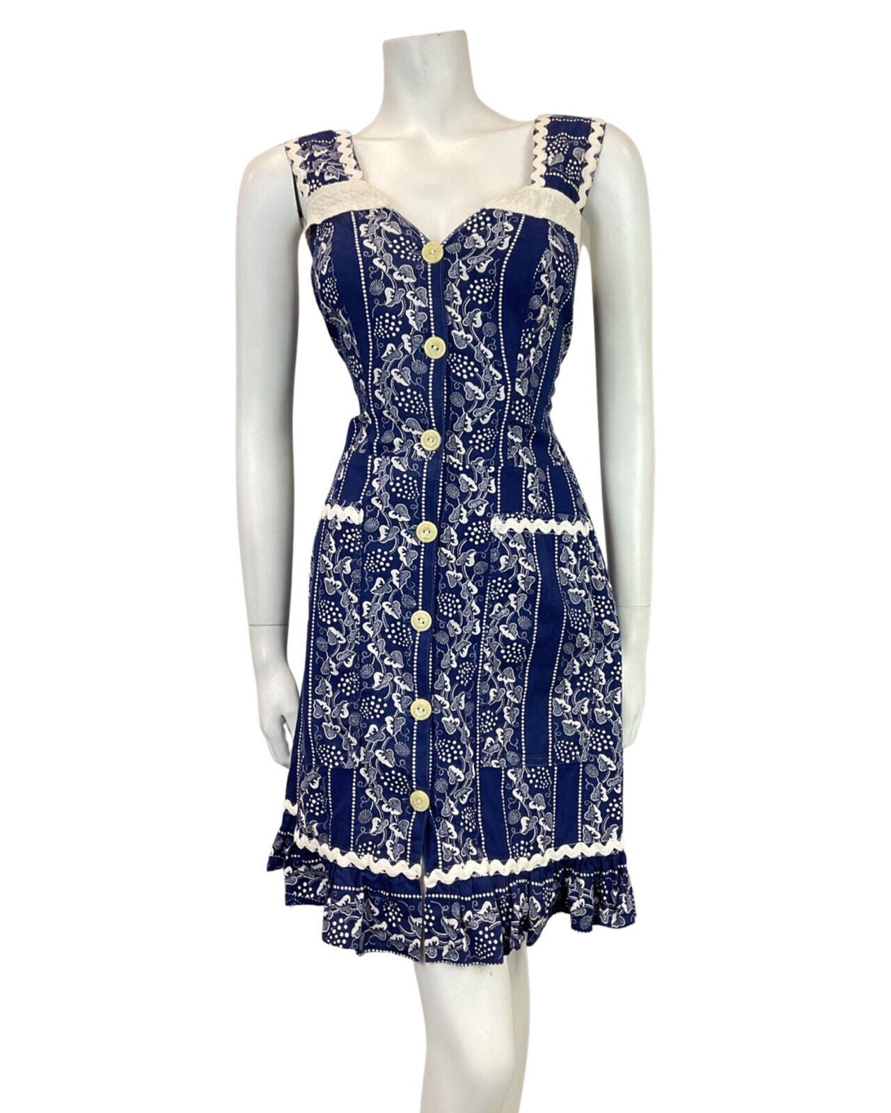 VINTAGE 70s BLUE WHITE VINE LEAF DOTTY RICRAC BOHO FOLK PRAIRIE APRON DRESS 12