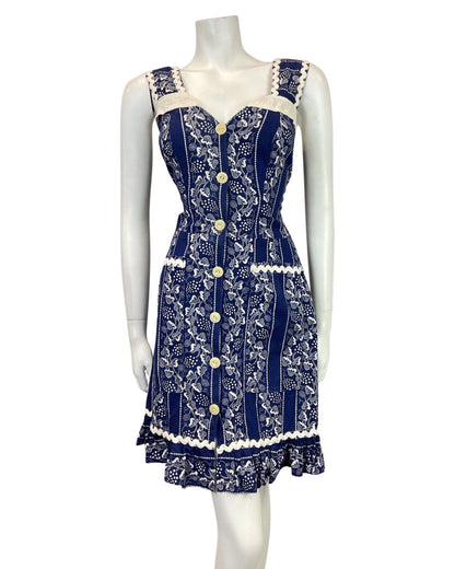 VINTAGE 70s BLUE WHITE VINE LEAF DOTTY RICRAC BOHO FOLK PRAIRIE APRON DRESS 12