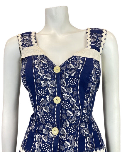 VINTAGE 70s BLUE WHITE VINE LEAF DOTTY RICRAC BOHO FOLK PRAIRIE APRON DRESS 12