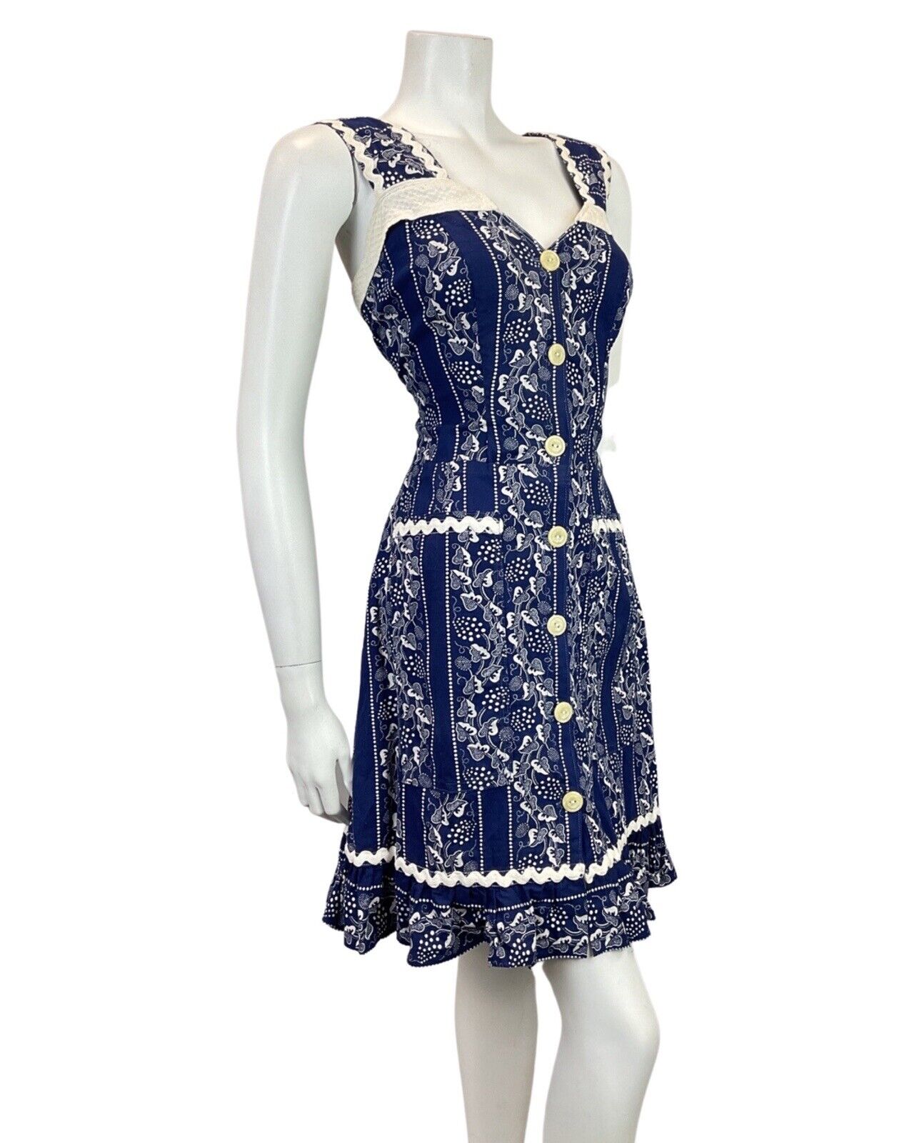 VINTAGE 70s BLUE WHITE VINE LEAF DOTTY RICRAC BOHO FOLK PRAIRIE APRON DRESS 12