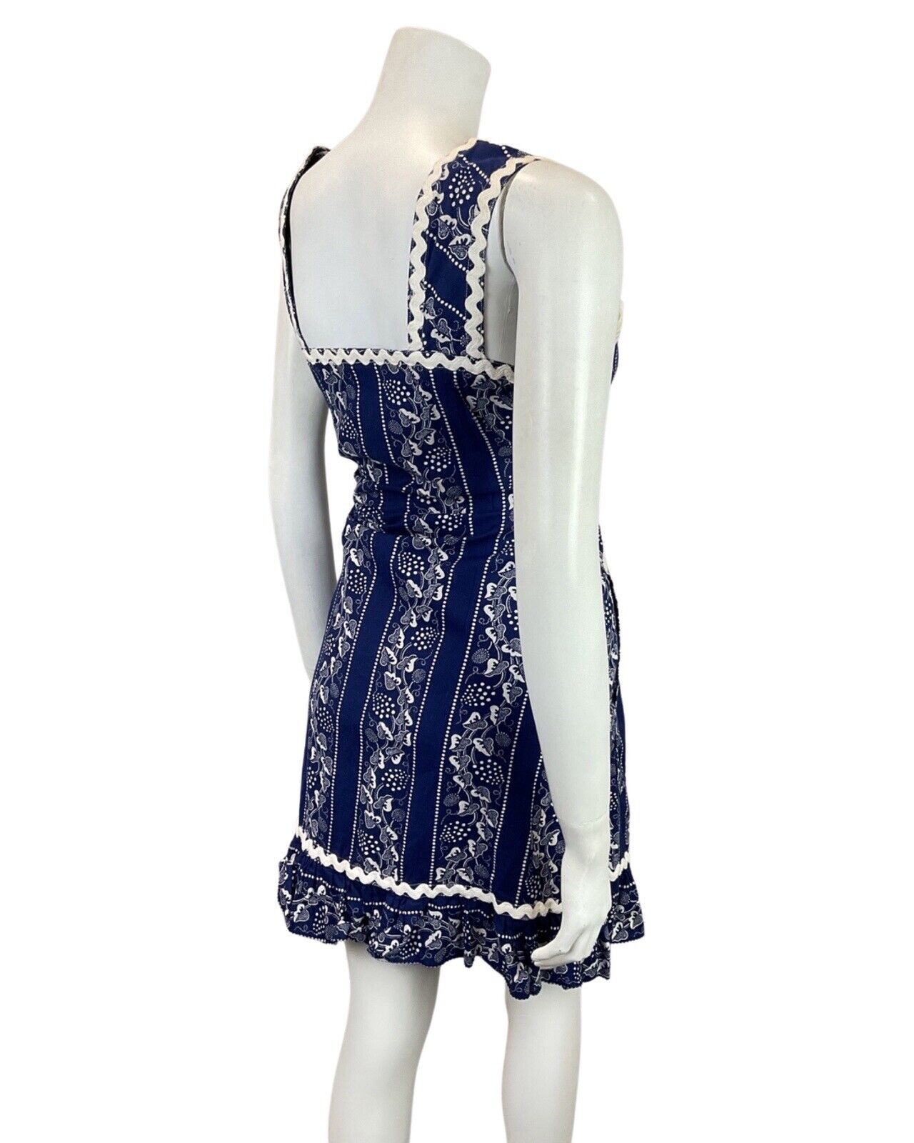 VINTAGE 70s BLUE WHITE VINE LEAF DOTTY RICRAC BOHO FOLK PRAIRIE APRON DRESS 12