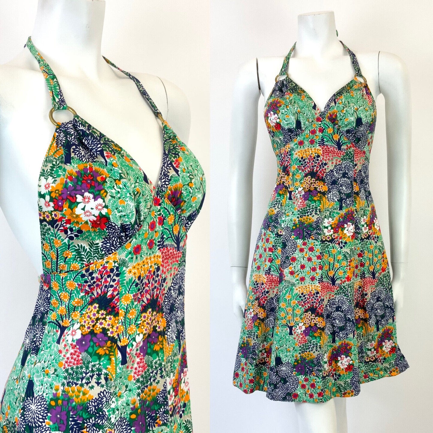 VTG 60s 70s GREEN BLUE WHITE RED PYSCHEDELIC FLORAL STRAPPY HALTER SUN DRESS 6 8
