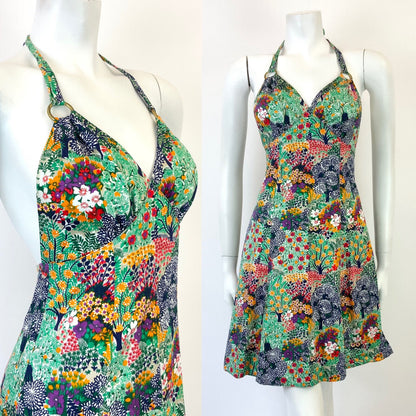 VTG 60s 70s GREEN BLUE WHITE RED PYSCHEDELIC FLORAL STRAPPY HALTER SUN DRESS 6 8
