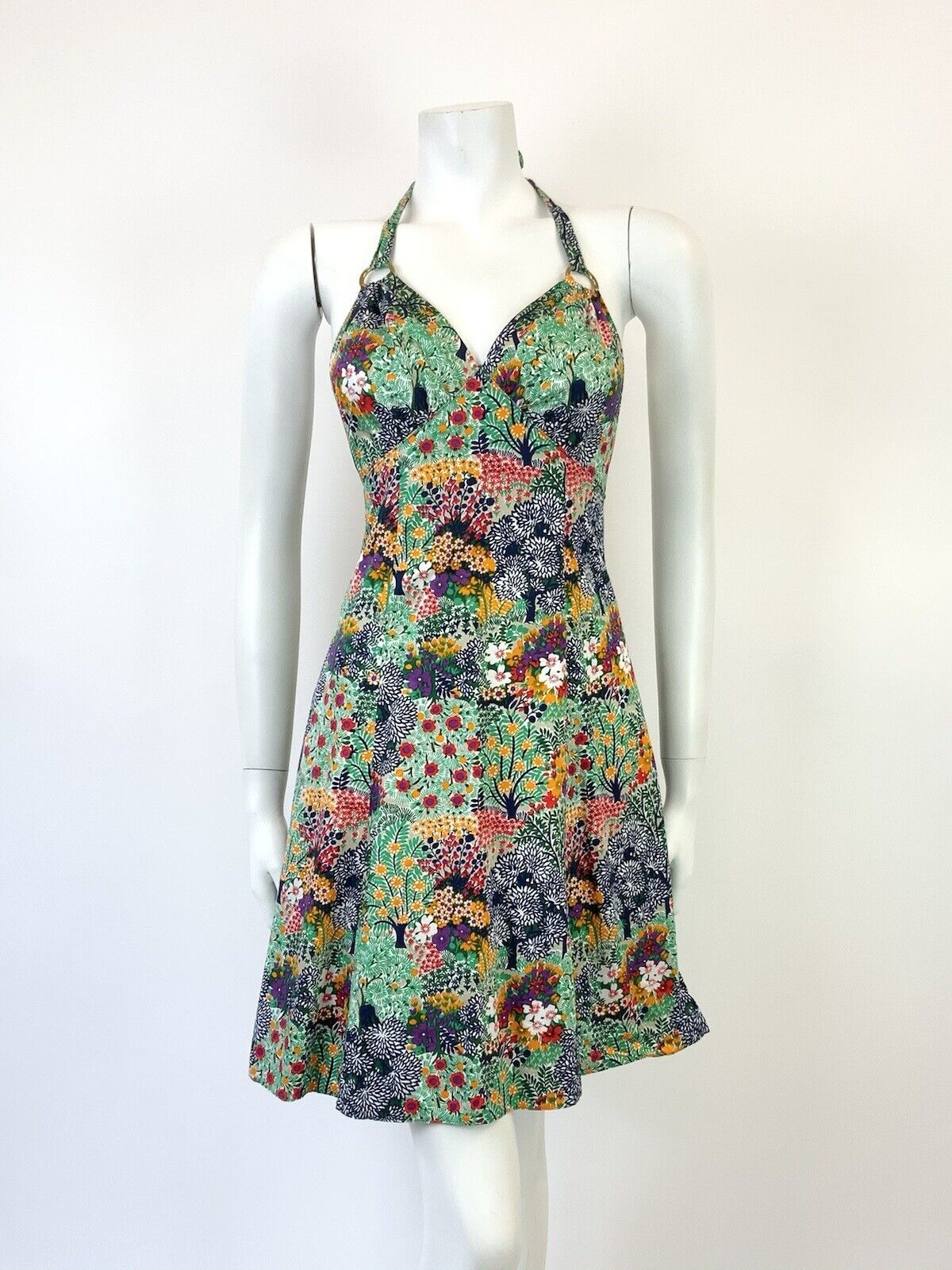 VTG 60s 70s GREEN BLUE WHITE RED PYSCHEDELIC FLORAL STRAPPY HALTER SUN DRESS 6 8