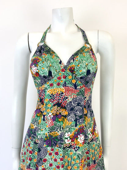 VTG 60s 70s GREEN BLUE WHITE RED PYSCHEDELIC FLORAL STRAPPY HALTER SUN DRESS 6 8