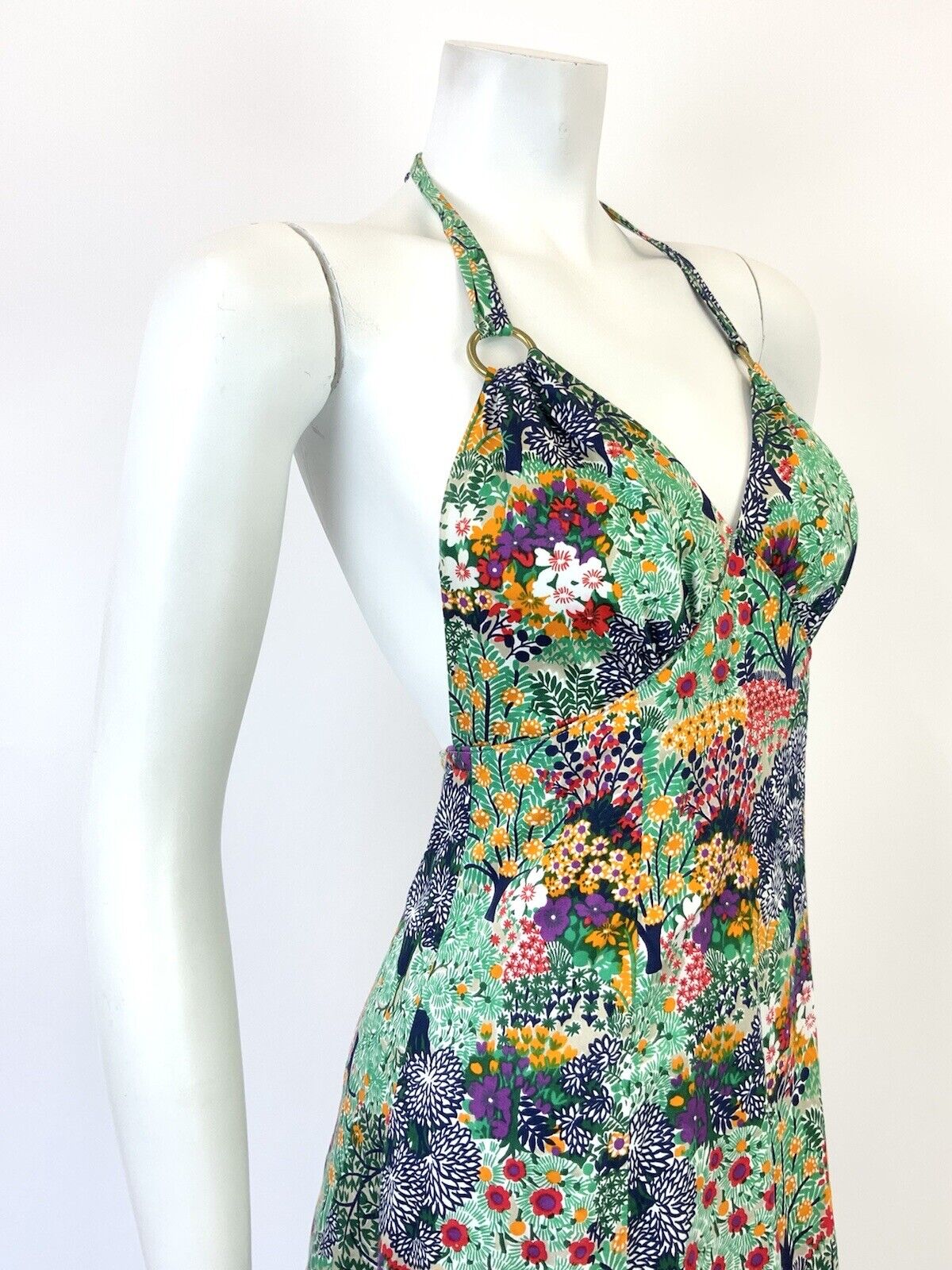VTG 60s 70s GREEN BLUE WHITE RED PYSCHEDELIC FLORAL STRAPPY HALTER SUN DRESS 6 8