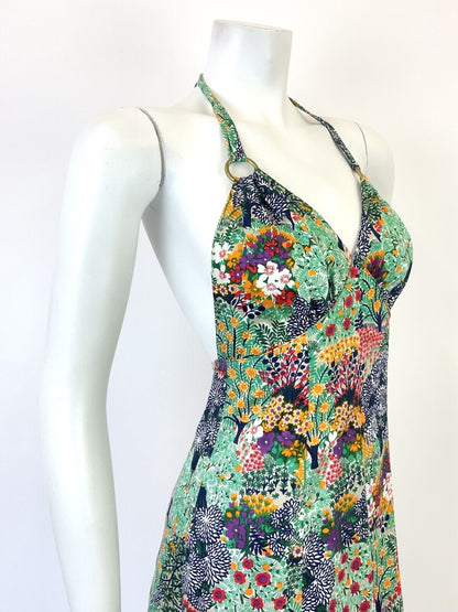 VTG 60s 70s GREEN BLUE WHITE RED PYSCHEDELIC FLORAL STRAPPY HALTER SUN DRESS 6 8