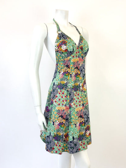 VTG 60s 70s GREEN BLUE WHITE RED PYSCHEDELIC FLORAL STRAPPY HALTER SUN DRESS 6 8