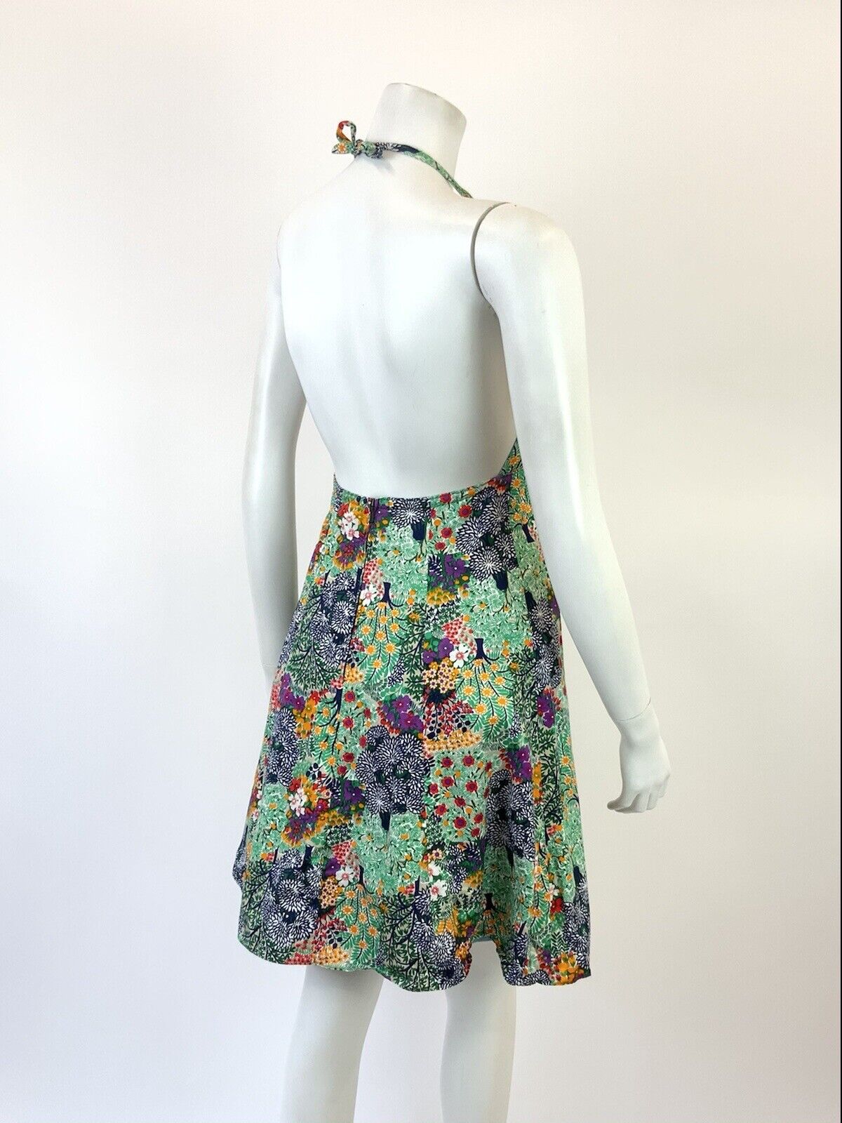 VTG 60s 70s GREEN BLUE WHITE RED PYSCHEDELIC FLORAL STRAPPY HALTER SUN DRESS 6 8