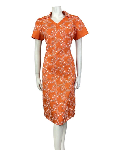 VINTAGE 60s 70s ORANGE WHITE EMBROIDERED FLORAL DAGGER COLLAR MOD DRESS 12