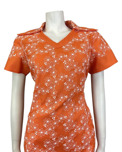 VINTAGE 60s 70s ORANGE WHITE EMBROIDERED FLORAL DAGGER COLLAR MOD DRESS 12