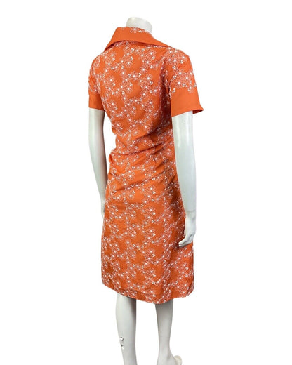 VINTAGE 60s 70s ORANGE WHITE EMBROIDERED FLORAL DAGGER COLLAR MOD DRESS 12
