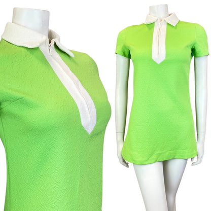 VINTAGE 60s 70s LIME GREEN WHITE ZIP-UP MOD MINI SCOOTER SHIRT DRESS 8 10