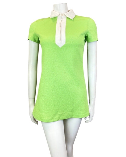 VINTAGE 60s 70s LIME GREEN WHITE ZIP-UP MOD MINI SCOOTER SHIRT DRESS 8 10