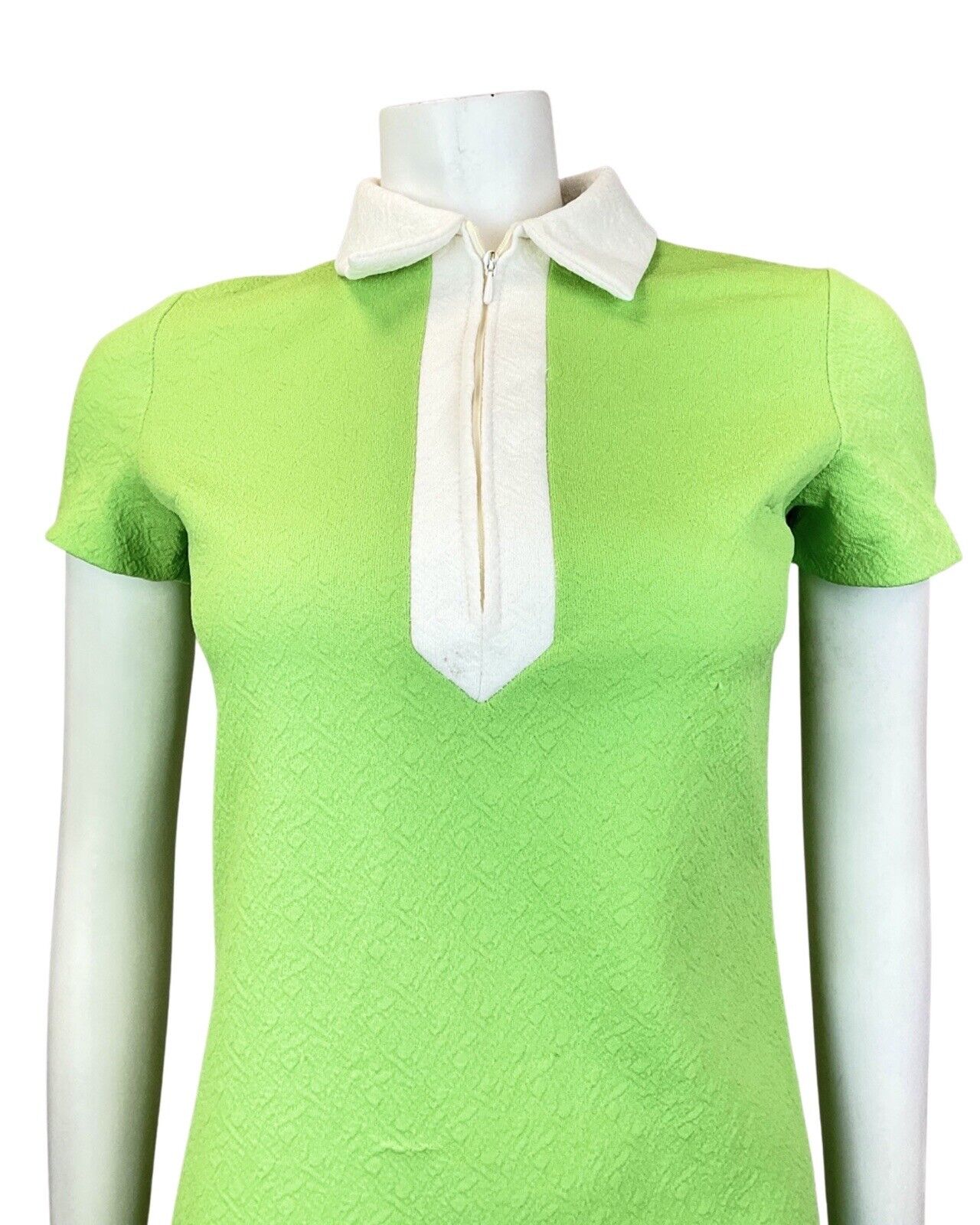 VINTAGE 60s 70s LIME GREEN WHITE ZIP-UP MOD MINI SCOOTER SHIRT DRESS 8 10