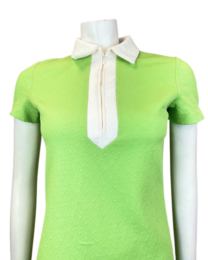 VINTAGE 60s 70s LIME GREEN WHITE ZIP-UP MOD MINI SCOOTER SHIRT DRESS 8 10