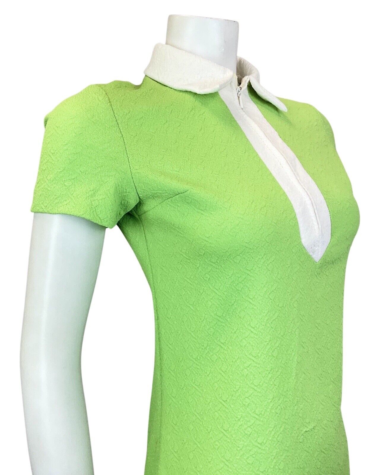 VINTAGE 60s 70s LIME GREEN WHITE ZIP-UP MOD MINI SCOOTER SHIRT DRESS 8 10