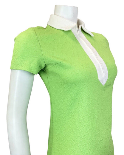 VINTAGE 60s 70s LIME GREEN WHITE ZIP-UP MOD MINI SCOOTER SHIRT DRESS 8 10