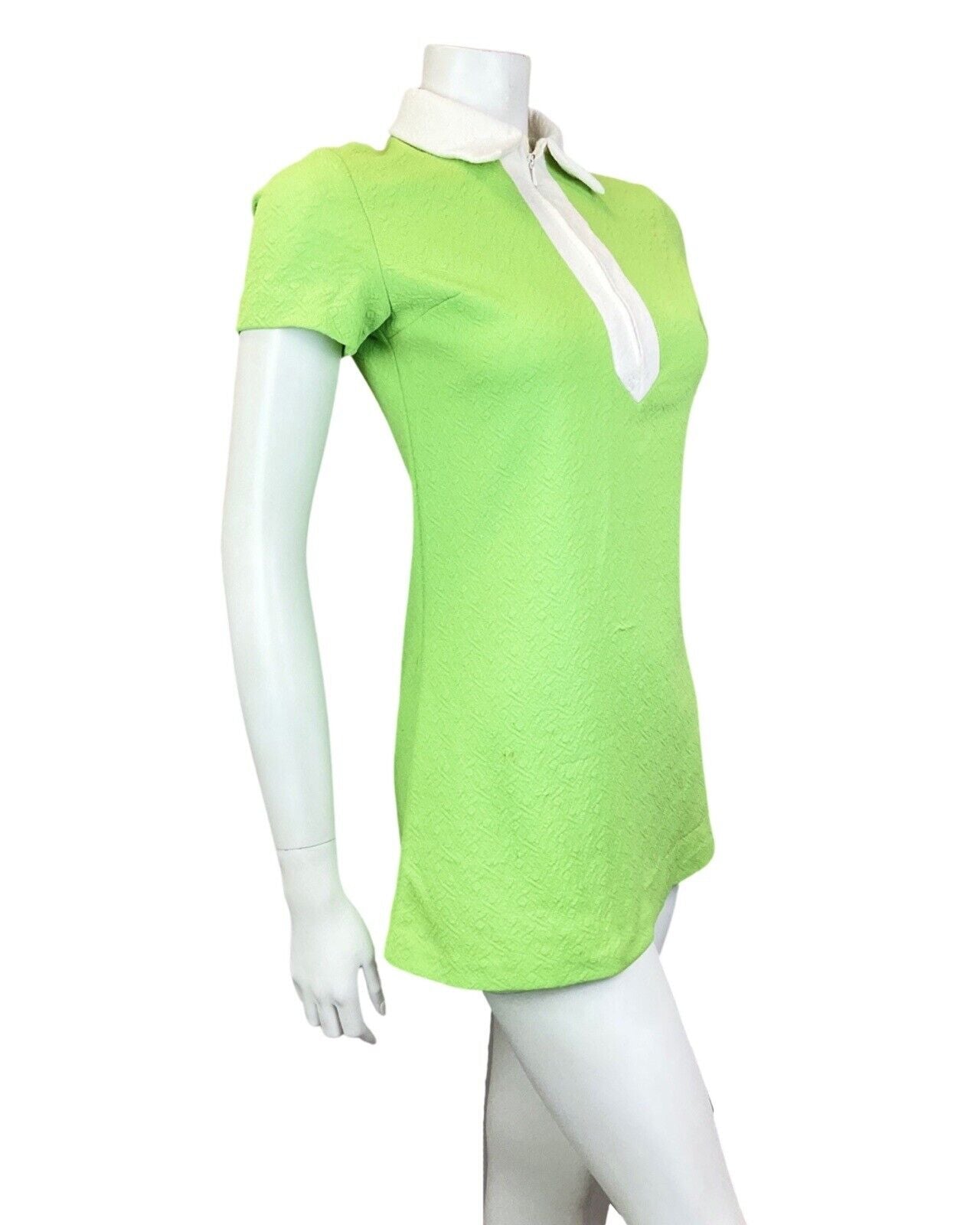 VINTAGE 60s 70s LIME GREEN WHITE ZIP-UP MOD MINI SCOOTER SHIRT DRESS 8 10