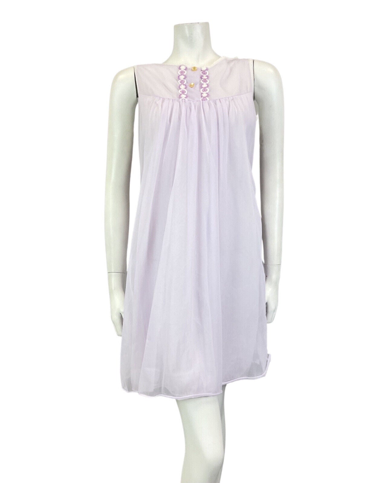 VINTAGE 60s 70s LILAC WHITE EMBROIDERED SHEER SLIP NIGHT-DRESS 16 18