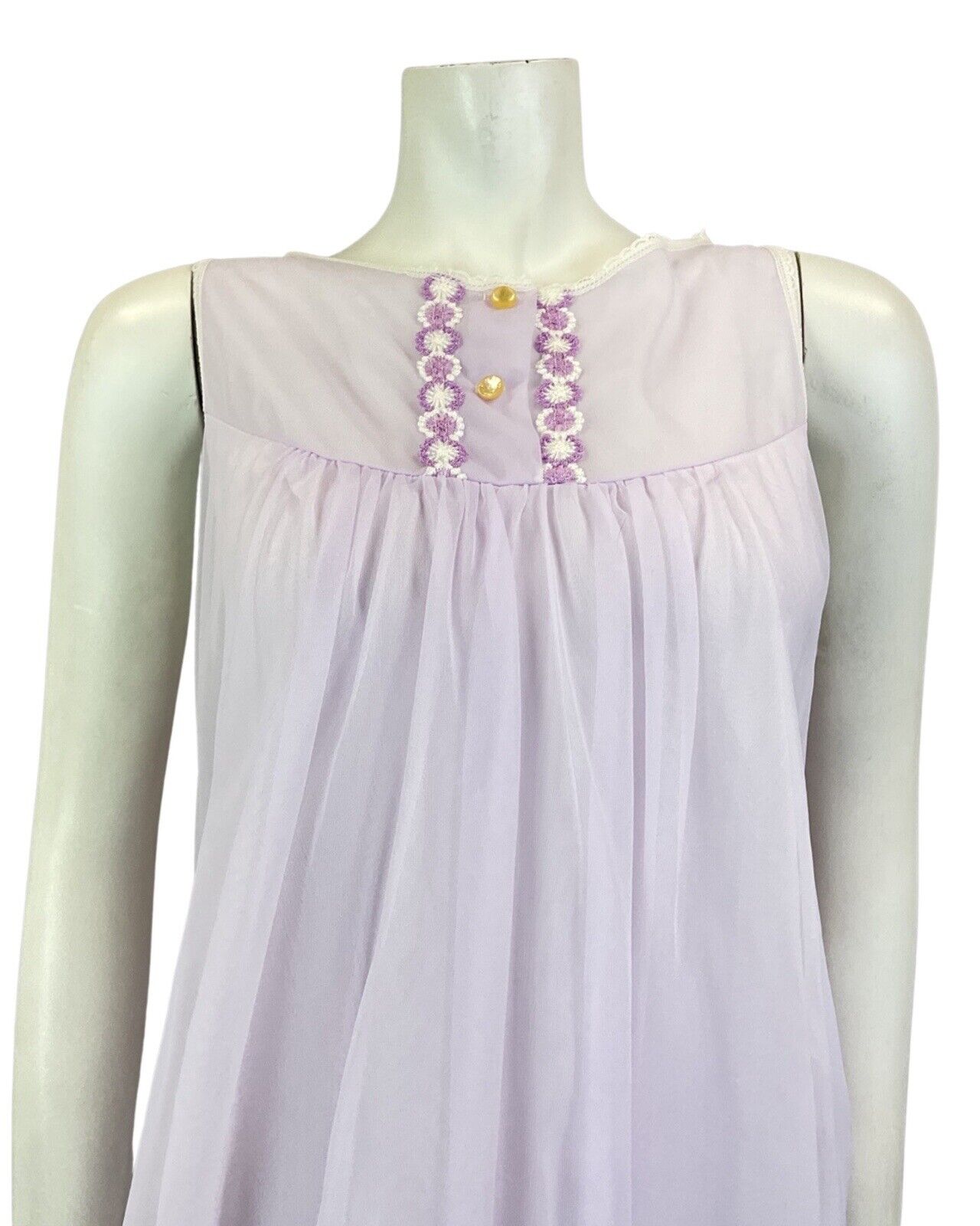 VINTAGE 60s 70s LILAC WHITE EMBROIDERED SHEER SLIP NIGHT-DRESS 16 18